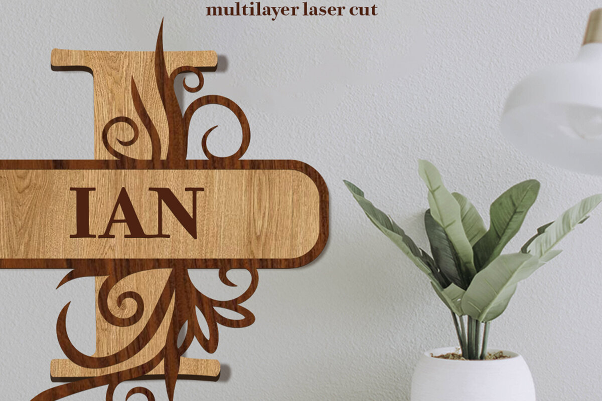 Σετ των 2 Intra απο ξύλο plywood 3mm-4mm πάχος – Split Name I Monogram Δίασταση  20x20 cm INTRAFABR-80063640