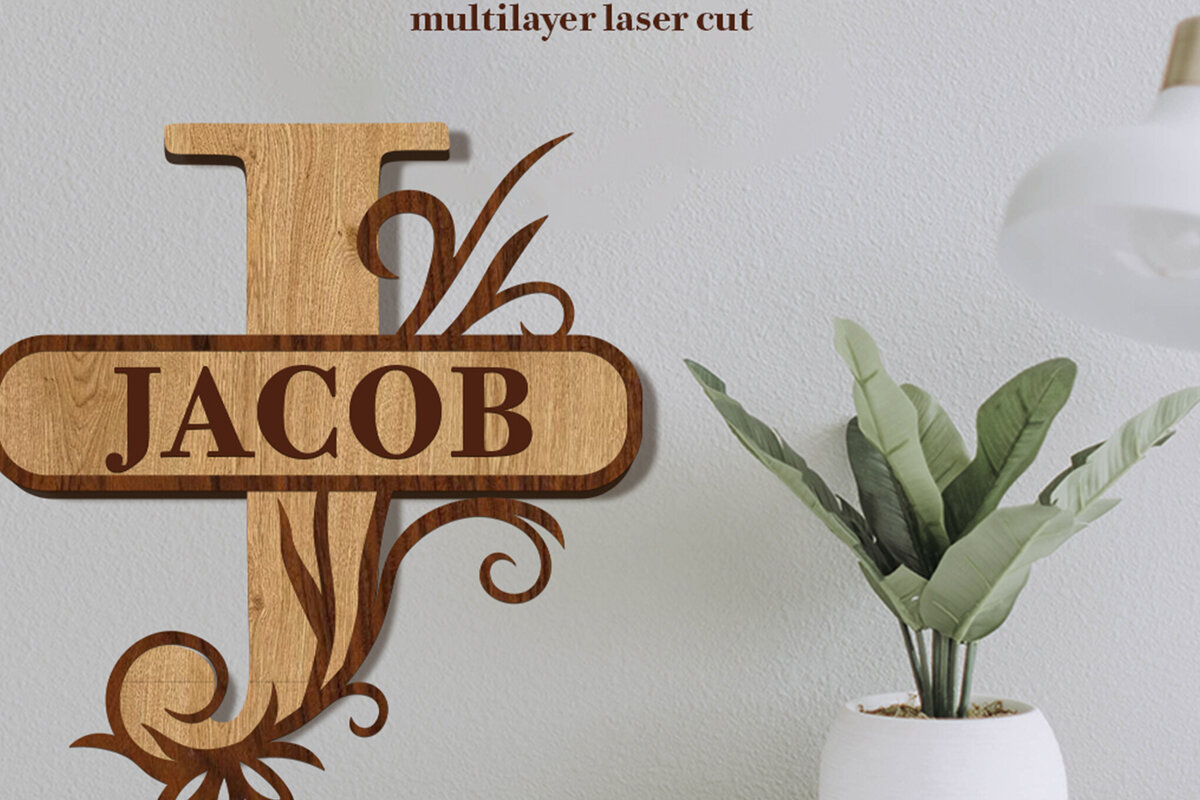 Σετ των 2 Intra απο ξύλο plywood 3mm-4mm πάχος – Split Name J Monogram Δίασταση  20x20 cm INTRAFABR-80063634