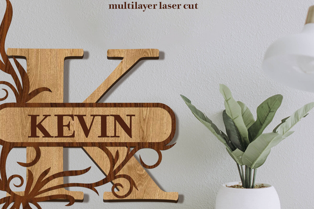 Σετ των 2 Intra απο ξύλο plywood 3mm-4mm πάχος – Split Name K Monogram Δίασταση  20x20 cm INTRAFABR-80063625