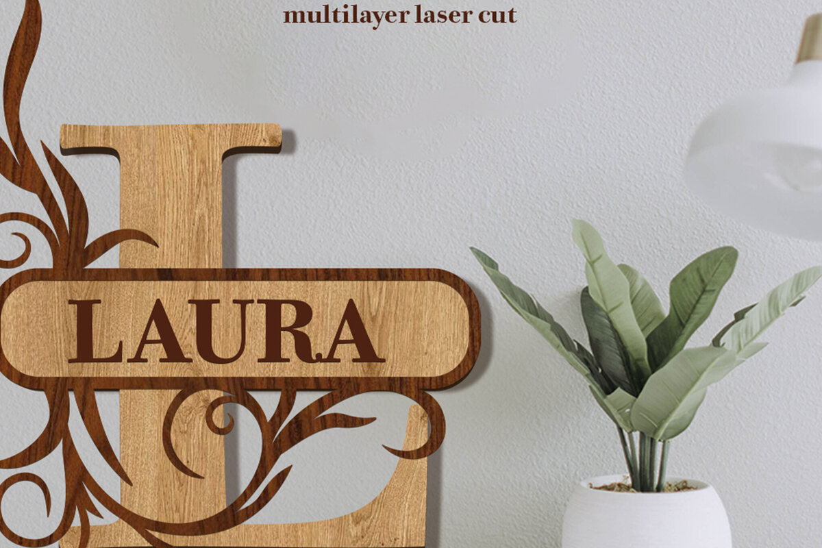 Σετ των 2 Intra απο ξύλο plywood 3mm-4mm πάχος – Split Name L Monogram Δίασταση  20x20 cm INTRAFABR-80063618