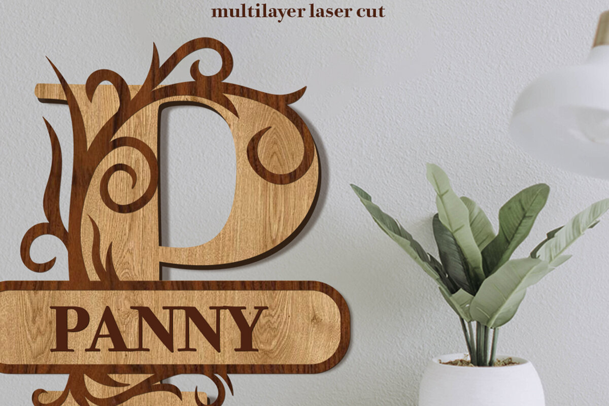 Σετ των 2 Intra απο ξύλο plywood 3mm-4mm πάχος – Split Name P Monogram Δίασταση  20x20 cm INTRAFABR-80063592