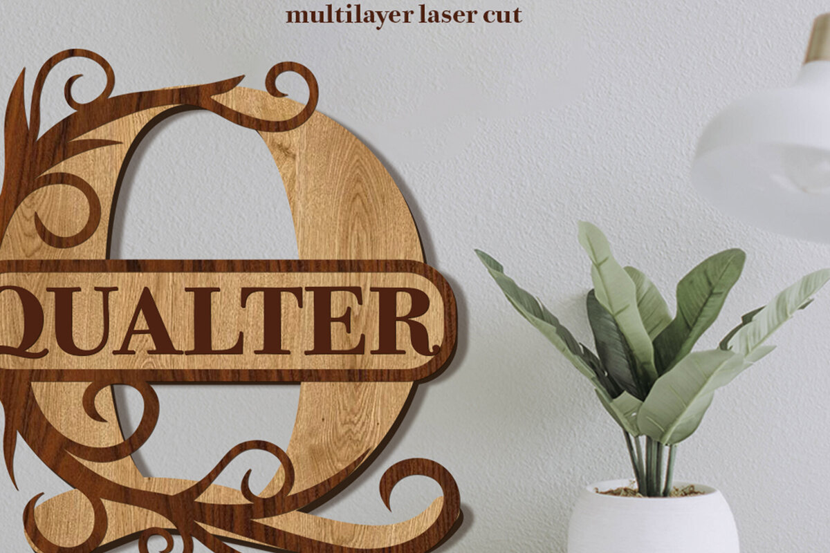 Σετ των 2 Intra απο ξύλο plywood 3mm-4mm πάχος – Split Name Q Monogram Δίασταση  20x20 cm INTRAFABR-80063581