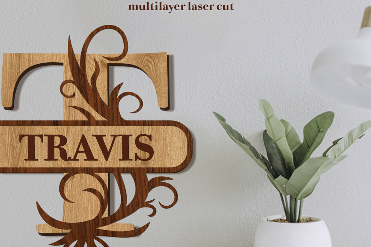 Σετ των 2 Intra απο ξύλο plywood 3mm-4mm πάχος – Split Name T Monogram Δίασταση  20x20 cm INTRAFABR-80063567