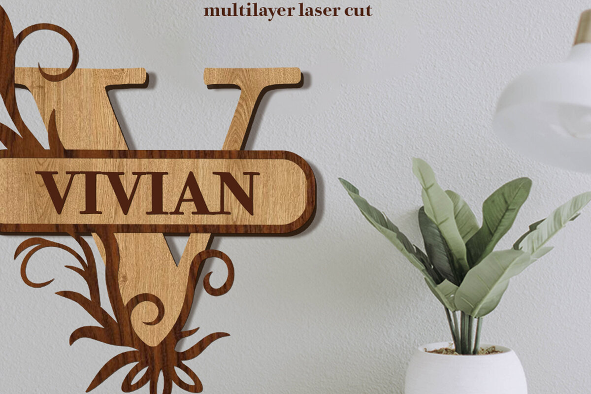 Σετ των 2 Intra απο ξύλο plywood 3mm-4mm πάχος – Split Name V Monogram Δίασταση  20x20 cm INTRAFABR-80146587