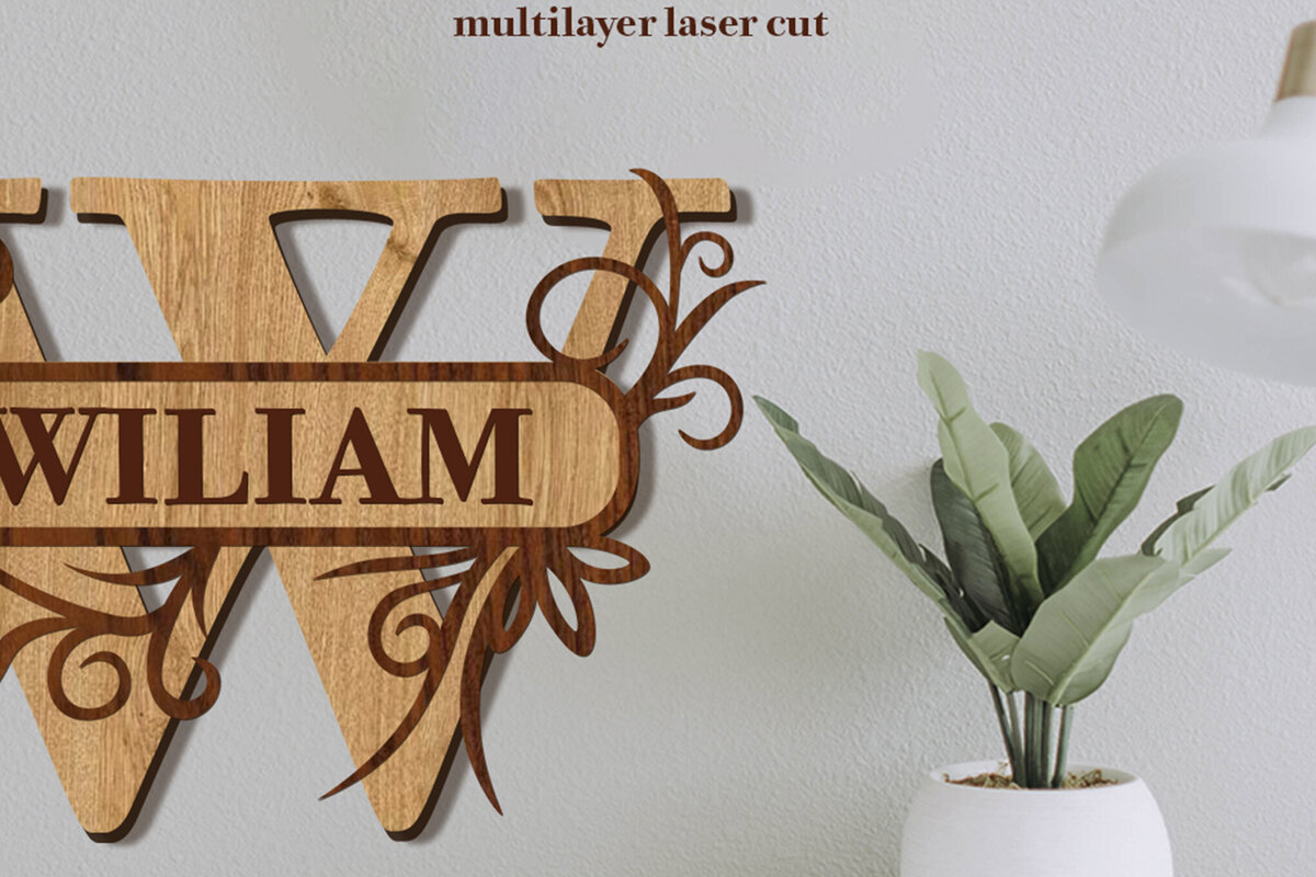 Σετ των 2 Intra απο ξύλο plywood 3mm-4mm πάχος – Split Name W Monogram Cut Laser Δίασταση  20x20 cm INTRAFABR-80146581