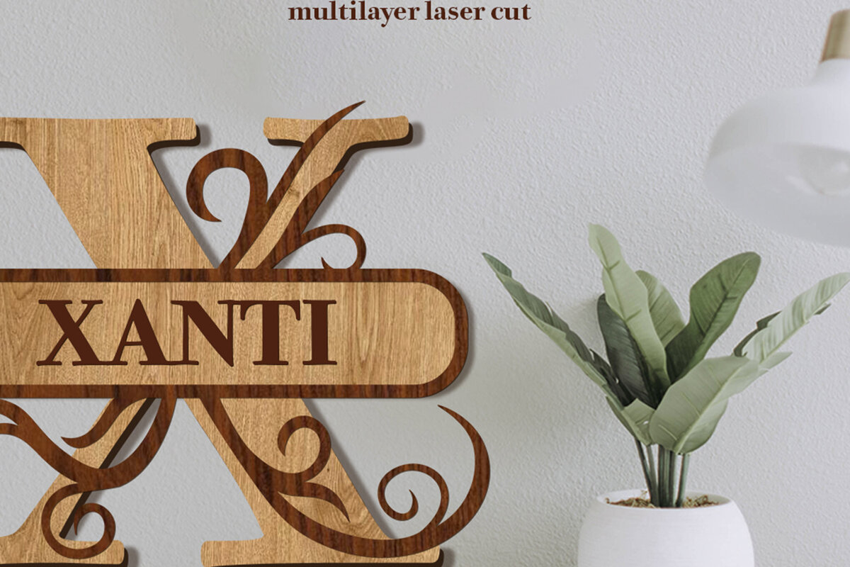 Σετ των 2 Intra απο ξύλο plywood 3mm-4mm πάχος – Split Name X Monogram Δίασταση  20x20 cm INTRAFABR-80146573