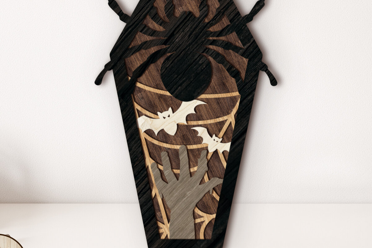 Σετ των 2 Intra απο ξύλο plywood 3mm-4mm πάχος – Τρομακτικό φέρετρο αποκριών με αράχνη Δίασταση  20x20 cm INTRAFABR-104254300