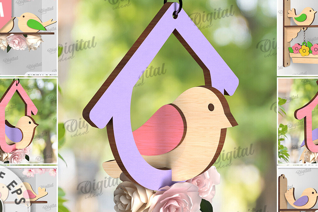 Σετ των 2 Intra απο ξύλο plywood 3mm-4mm πάχος – Δέσμη κοπής με λέιζερ Spring Bird Decor Δίασταση  20x20 cm INTRAFABR-116202137