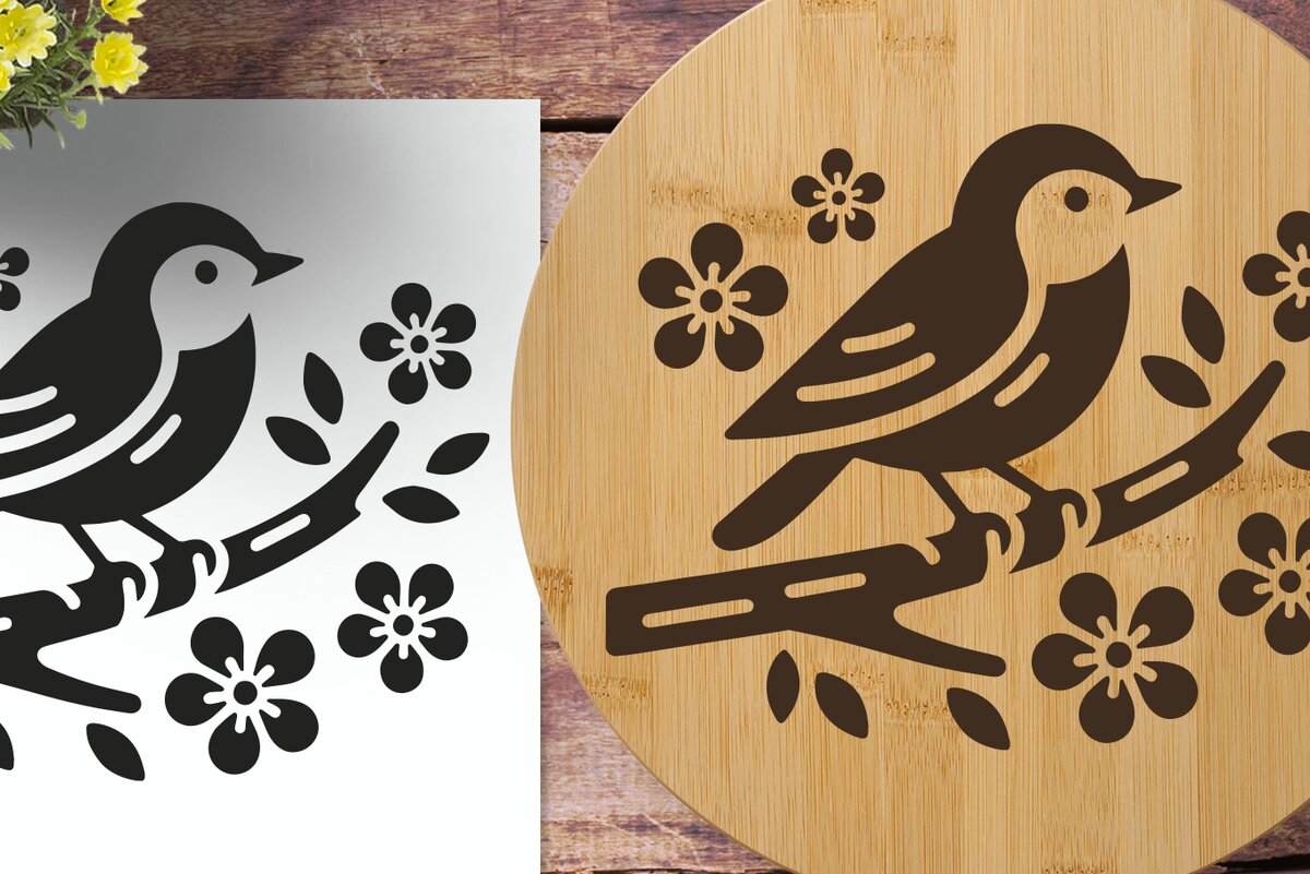Σετ των 2 Intra απο ξύλο plywood 3mm-4mm πάχος – Spring Bird on Branch Laser χαραγμένο Δίασταση  20x20 cm INTRAFABR-125080293