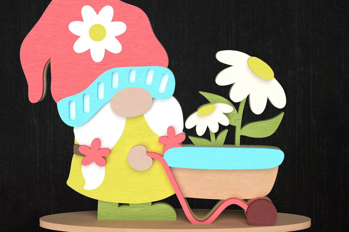 Σετ των 2 Intra απο ξύλο plywood 3mm-4mm πάχος – Spring Gnome με ντεκόρ καροτσιού Daisy Δίασταση  20x20 cm INTRAFABR-113514063