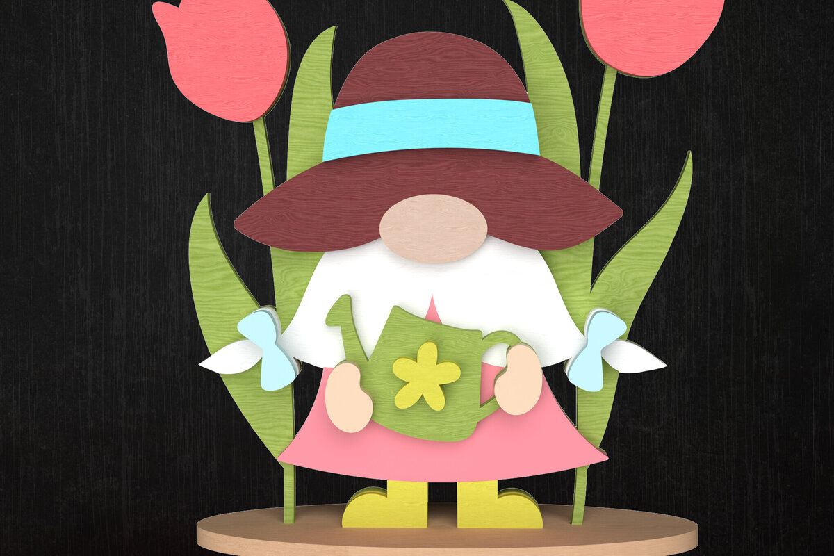 Σετ των 2 Intra απο ξύλο plywood 3mm-4mm πάχος – Άνοιξη Gnome με διακόσμηση τουλίπας Δίασταση  20x20 cm INTRAFABR-113514039