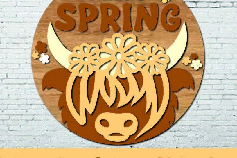 Σετ των 2 Intra απο ξύλο plywood 3mm-4mm πάχος – Spring Highland Cow Door PNG Δίασταση  20x20 cm INTRAFABR-116341389