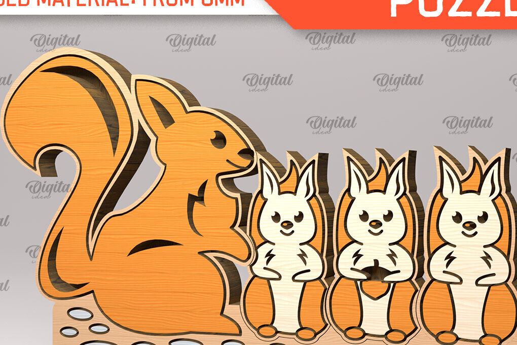 Σετ των 2 Intra απο ξύλο plywood 3mm-4mm πάχος – Squirrel Family Puzzle Δίασταση  20x20 cm INTRAFABR-99619250