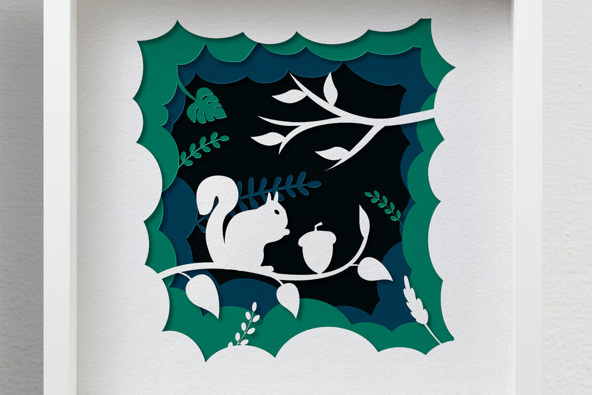 Σετ των 2 Intra απο ξύλο plywood 3mm-4mm πάχος – Squirrel Forest Shadow Box, 3D χαρτί Δίασταση  20x20 cm INTRAFABR-57913337