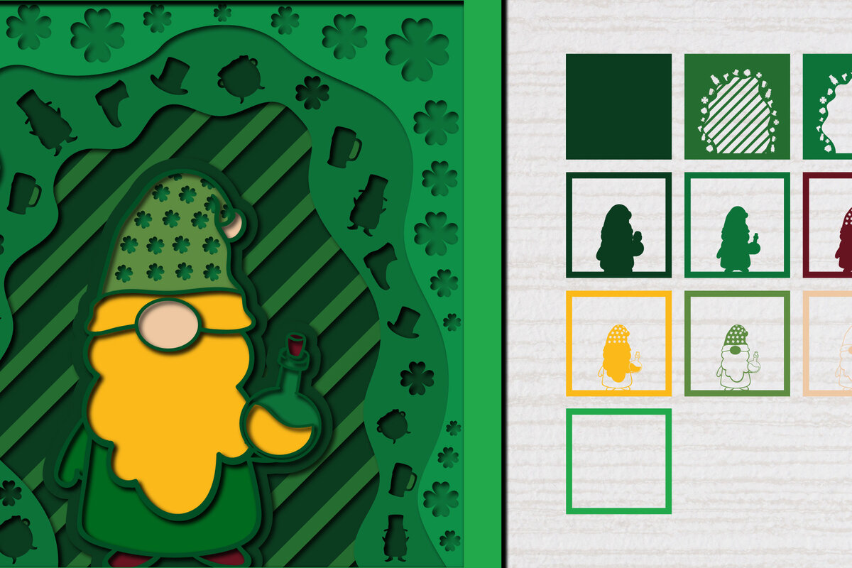 Σετ των 2 Intra απο ξύλο plywood 3mm-4mm πάχος – St. Patrick Gnome 3d Paper Cut Δίασταση  20x20 cm INTRAFABR-61782758