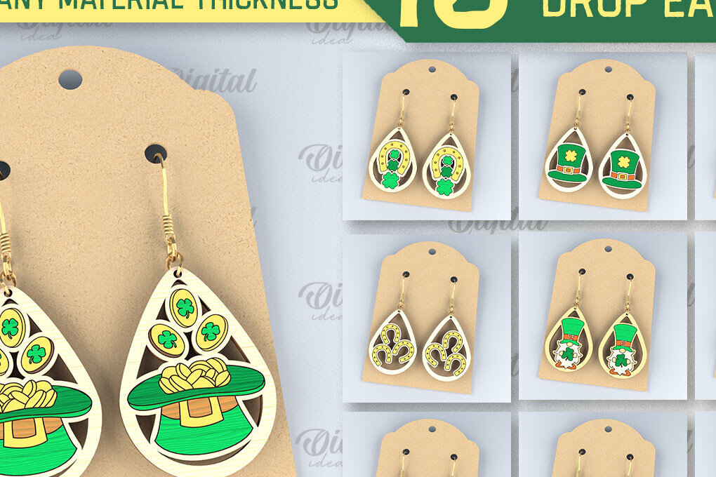 Σετ των 3 Intra απο ξύλο plywood 3mm-4mm πάχος – Πακέτο με σκουλαρίκια St. Patrick's Day Δίασταση  5x5 cm INTRAFABR-88058261