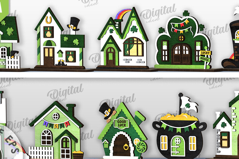 Σετ των 2 Intra απο ξύλο plywood 3mm-4mm πάχος – Πακέτο LaserCut Houses St. Patrick's Day Δίασταση  20x20 cm INTRAFABR-116360490