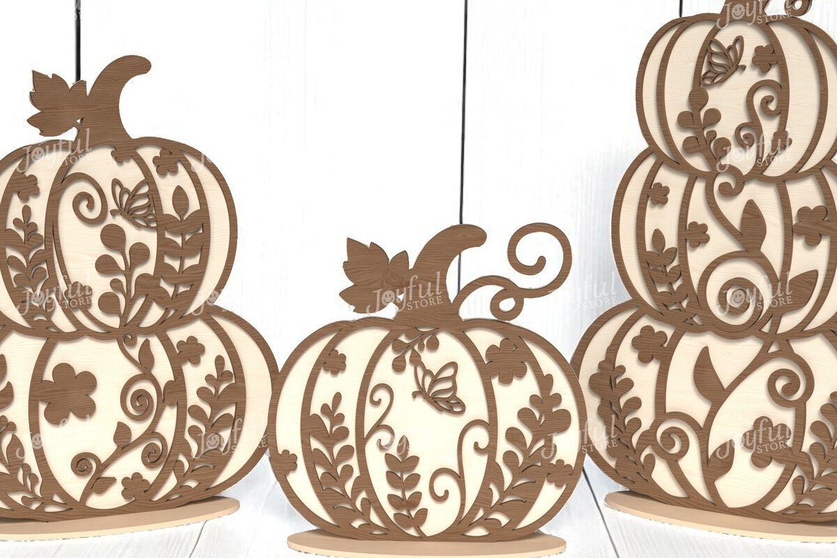 Σετ των 2 Intra απο ξύλο plywood 3mm-4mm πάχος – Σετ στοιβαγμένες φλοράλ κολοκύθες Δίασταση  20x20 cm INTRAFABR-125417528