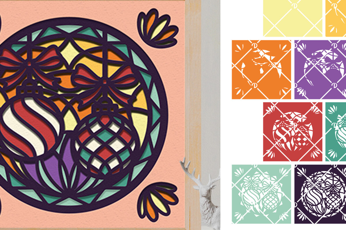 Σετ των 2 Intra απο ξύλο plywood 3mm-4mm πάχος – Χριστουγεννιάτικο μπιχλιμπίδι βιτρό 3D Δίασταση  20x20 cm INTRAFABR-76490907