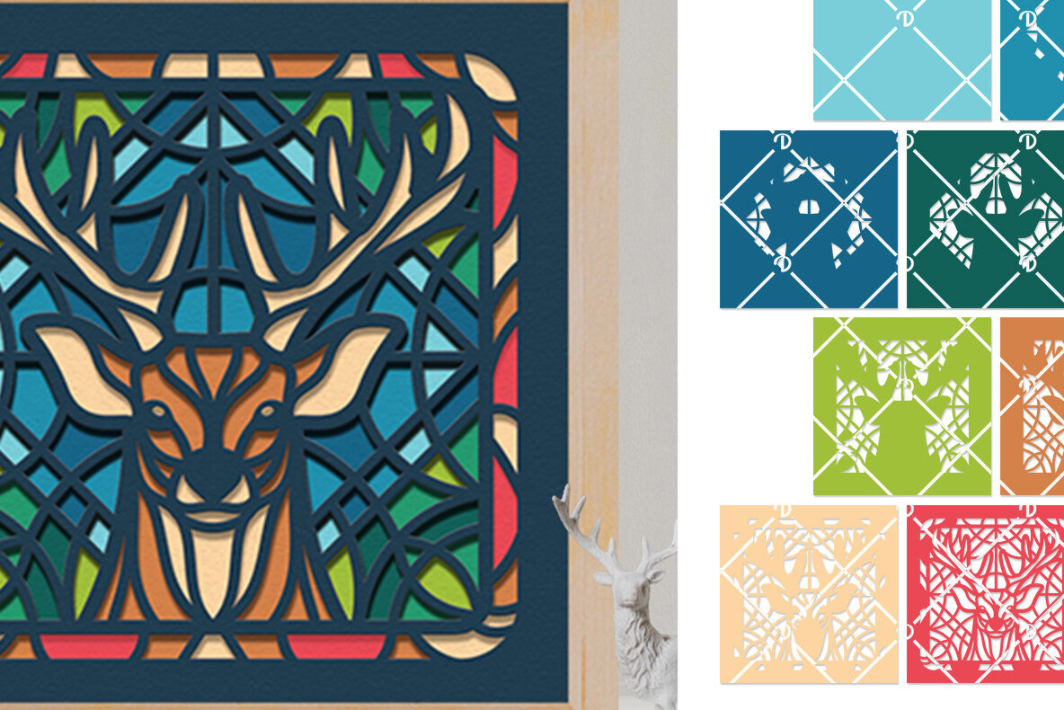 Σετ των 2 Intra απο ξύλο plywood 3mm-4mm πάχος – Χριστουγεννιάτικο κουτί σκιών ελαφιού βιτρό Δίασταση  20x20 cm INTRAFABR-76491778