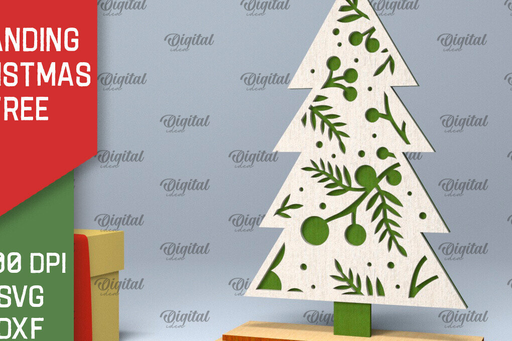 Σετ των 2 Intra απο ξύλο plywood 3mm-4mm πάχος –  κοπής με λέιζερ όρθιο χριστουγεννιάτικο δέντρο Δίασταση  20x20 cm INTRAFABR-104685243