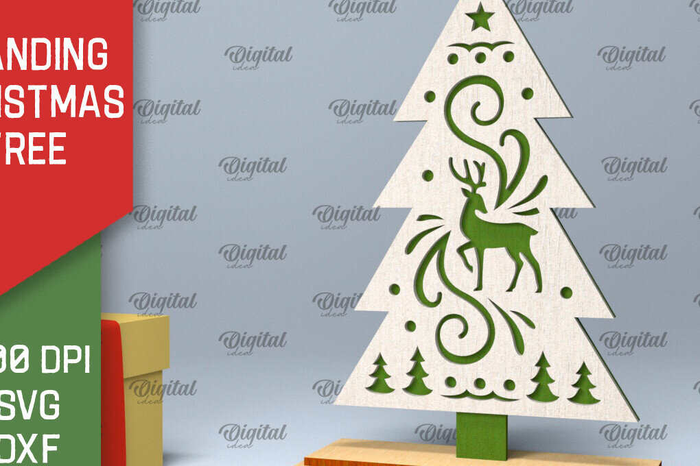 Σετ των 2 Intra απο ξύλο plywood 3mm-4mm πάχος –  κοπής με λέιζερ όρθιο χριστουγεννιάτικο δέντρο Δίασταση  20x20 cm INTRAFABR-104685298