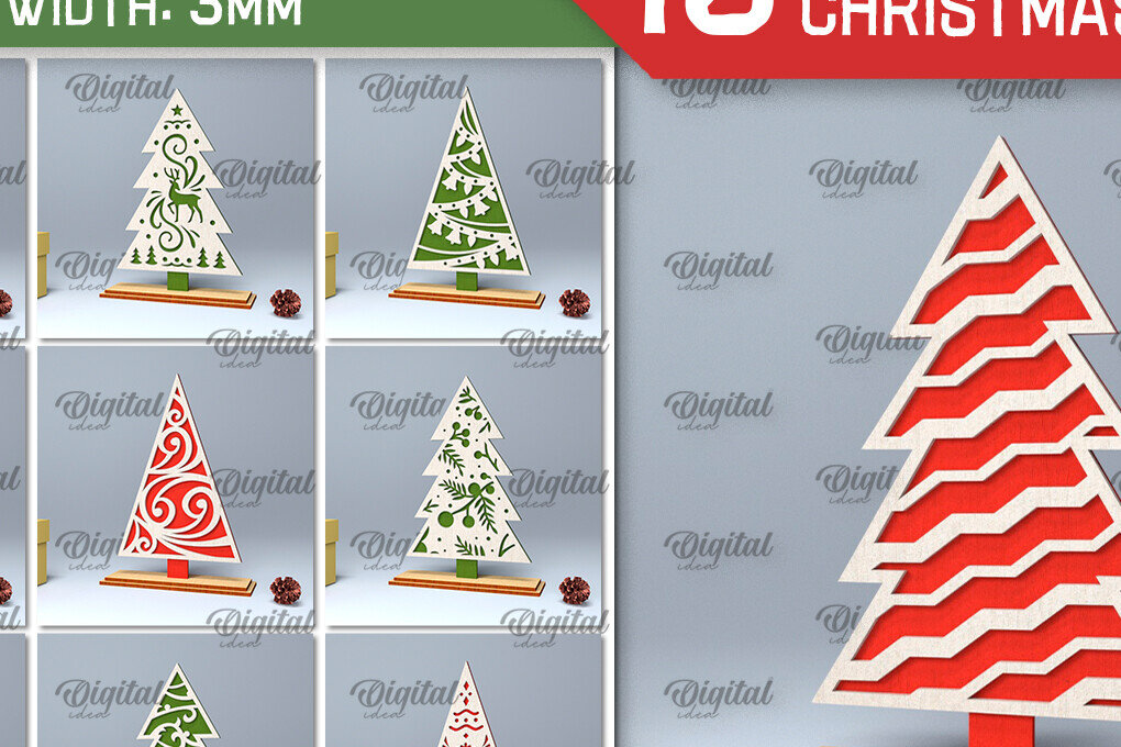 Σετ των 2 Intra απο ξύλο plywood 3mm-4mm πάχος – Δέσμη LaserCut όρθιων χριστουγεννιάτικων δέντρων Δίασταση  20x20 cm INTRAFABR-104686498