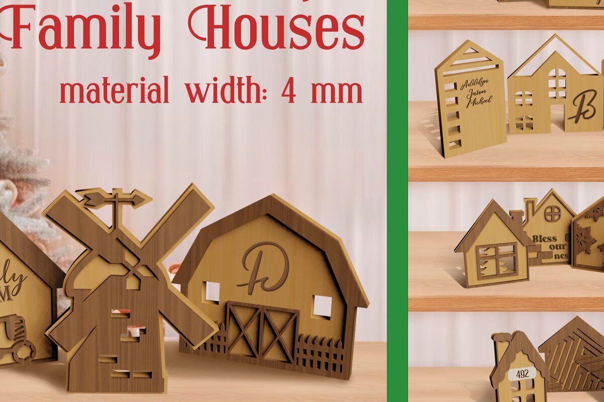 Σετ των 2 Intra απο ξύλο plywood 3mm-4mm πάχος – Μόνιμη δέσμη οικογενειακού σπιτιού Κόψιμο με λέιζερ Δίασταση  20x20 cm INTRAFABR-80963138