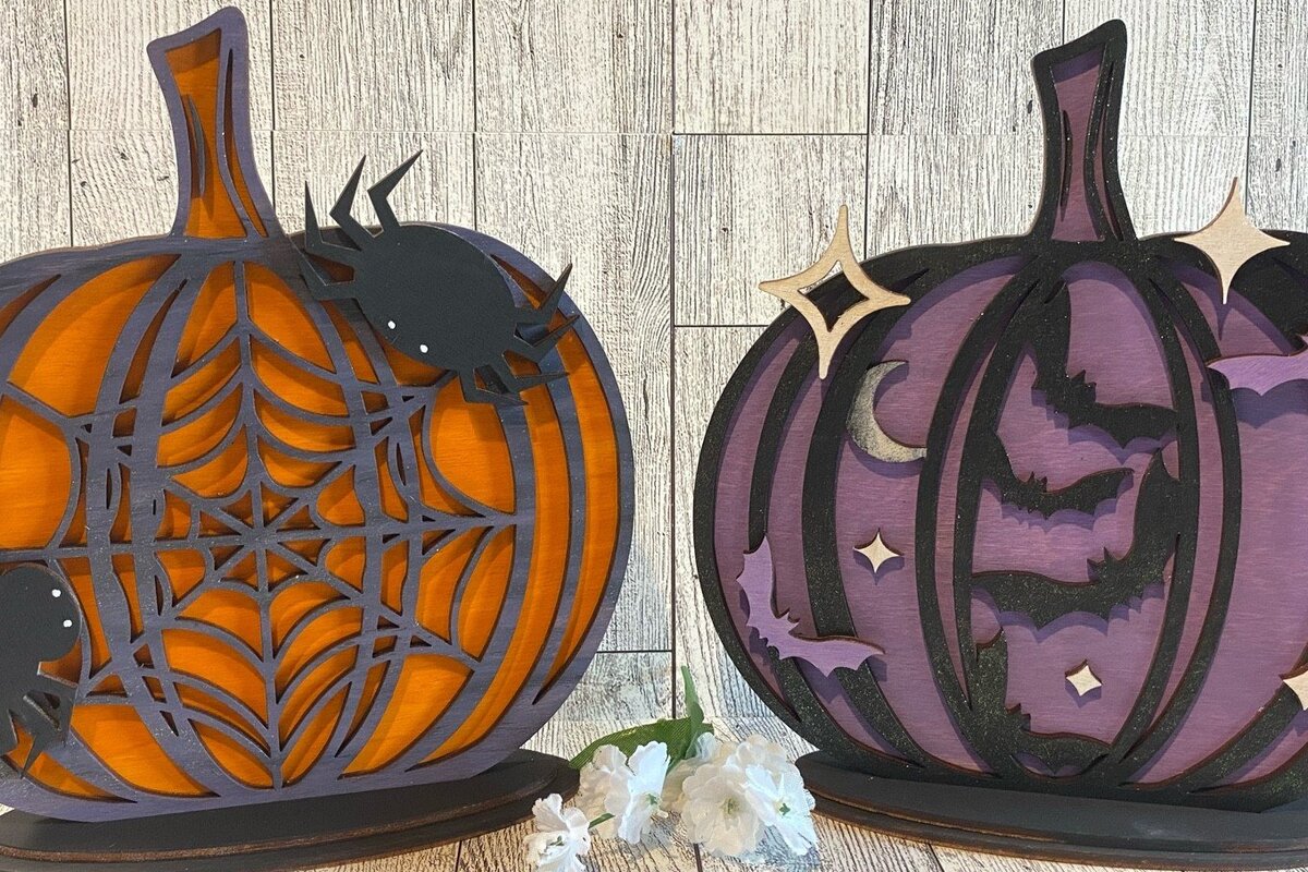 Σετ των 2 Intra απο ξύλο plywood 3mm-4mm πάχος – Standing Spooky Pumpkin Duo Laser Δίασταση  20x20 cm INTRAFABR-35110400