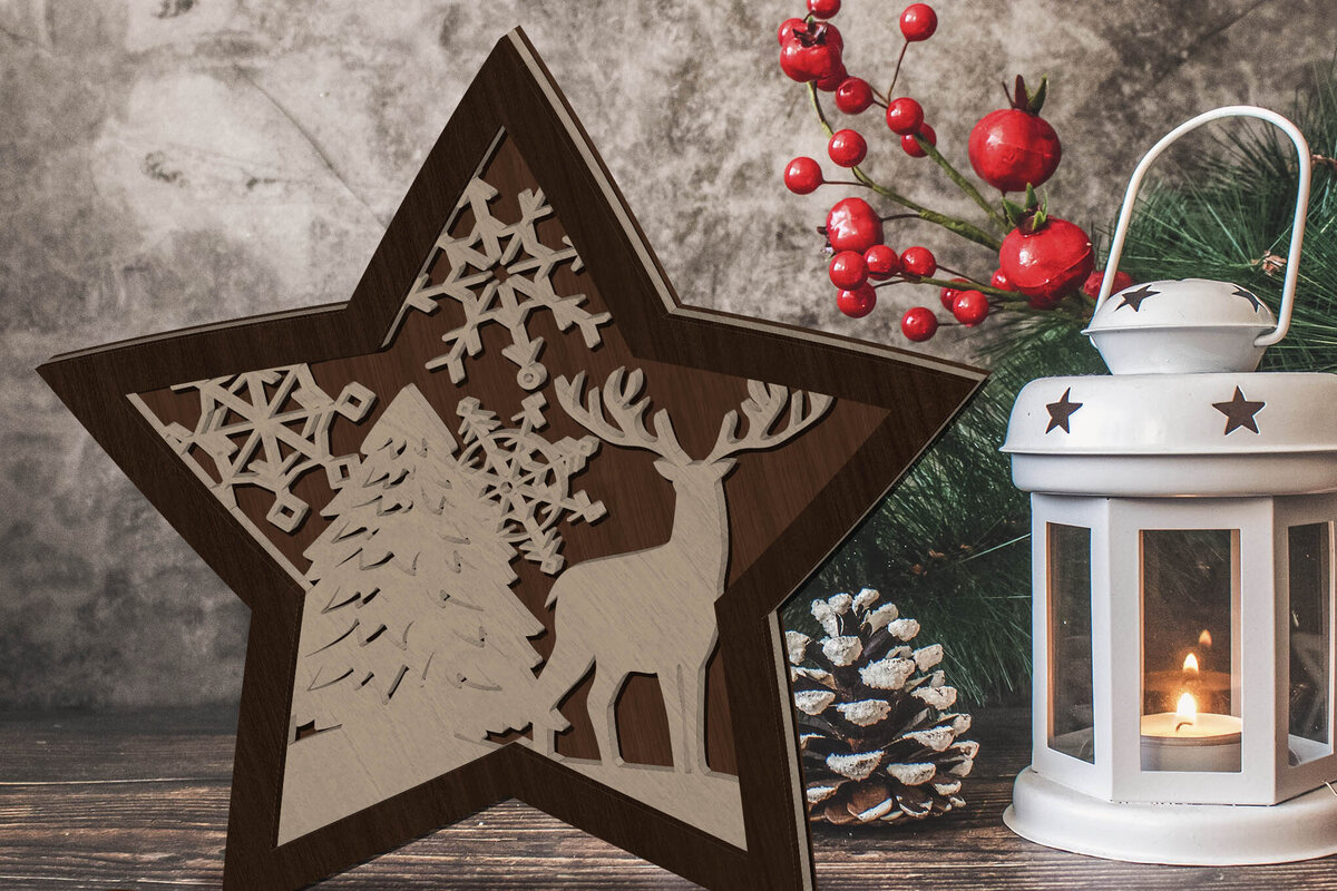 Σετ των 2 Intra απο ξύλο plywood 3mm-4mm πάχος – Χριστουγεννιάτικο στολίδι αστεριών, κομμένο πρότυπο Δίασταση  20x20 cm INTRAFABR-85268978
