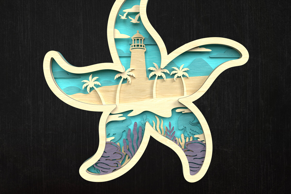 Σετ των 2 Intra απο ξύλο plywood 3mm-4mm πάχος – Starfish Beach Scene Layered Δίασταση  20x20 cm INTRAFABR-120349673