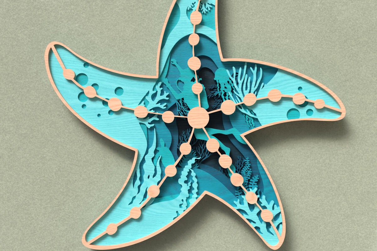 Σετ των 2 Intra απο ξύλο plywood 3mm-4mm πάχος – Σκηνή ωκεανού αστερίας - τρισδιάστατη Δίασταση  20x20 cm INTRAFABR-119652173