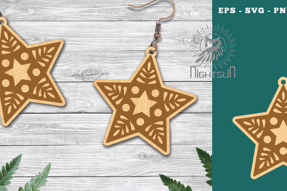 Σετ των 3 Intra απο ξύλο plywood 3mm-4mm πάχος – Σκουλαρίκια Stars 2 Δίασταση  5x5 cm INTRAFABR-112769284