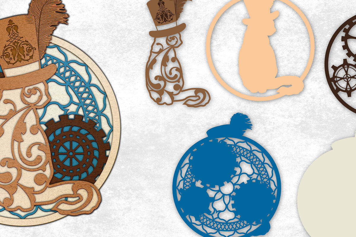 Σετ των 2 Intra απο ξύλο plywood 3mm-4mm πάχος – Steampunk Cat in a Top Hat Δίασταση  20x20 cm INTRAFABR-27249573