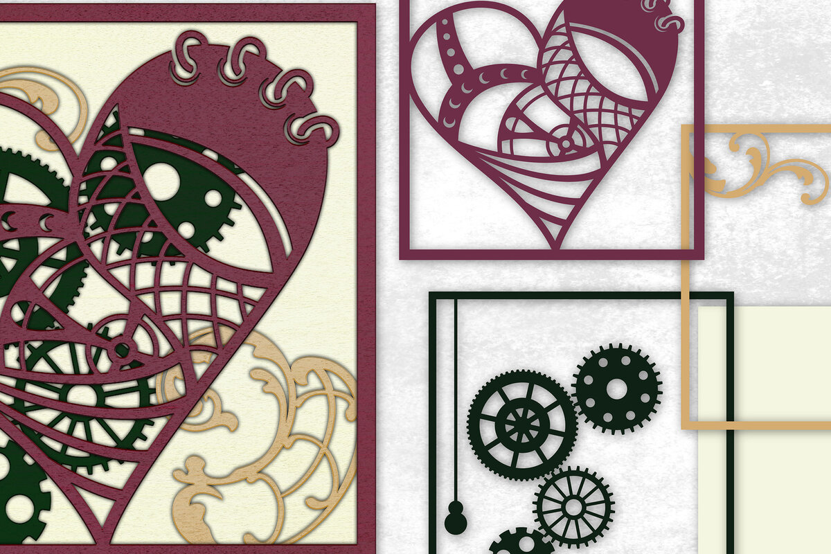 Σετ των 2 Intra απο ξύλο plywood 3mm-4mm πάχος – Steampunk Heart Δίασταση  20x20 cm INTRAFABR-25633874