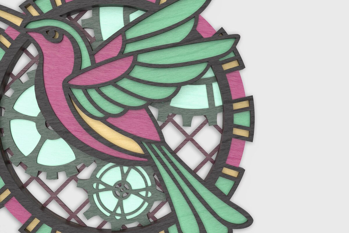 Σετ των 2 Intra απο ξύλο plywood 3mm-4mm πάχος – Steampunk Hummingbird Δίασταση  20x20 cm INTRAFABR-75596485