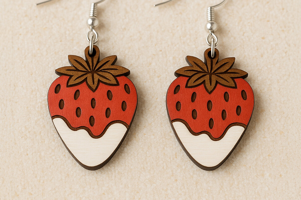 Σετ των 3 Intra απο ξύλο plywood 3mm-4mm πάχος – Σκουλαρίκια φράουλα Cut Laser Δίασταση  5x5 cm INTRAFABR-120914682