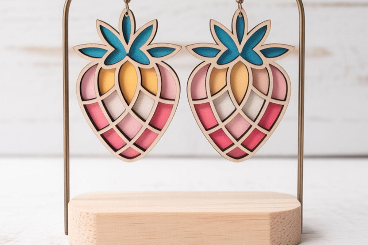 Σετ των 3 Intra απο ξύλο plywood 3mm-4mm πάχος – Σκουλαρίκια με στρώσεις φράουλα Δίασταση  5x5 cm INTRAFABR-122357181