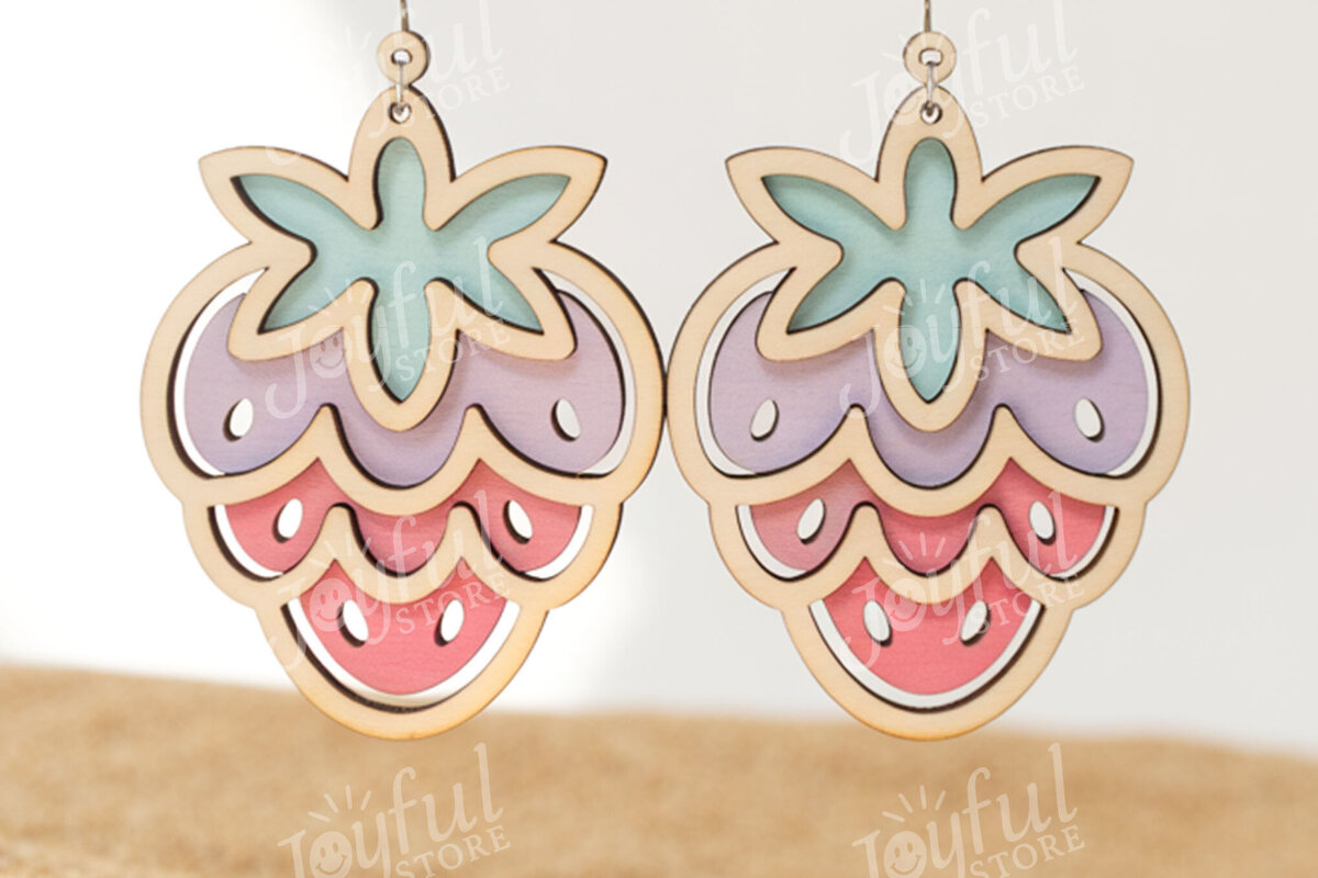 Σετ των 3 Intra απο ξύλο plywood 3mm-4mm πάχος – Σκουλαρίκια με στρώσεις φράουλα Δίασταση  5x5 cm INTRAFABR-122222979