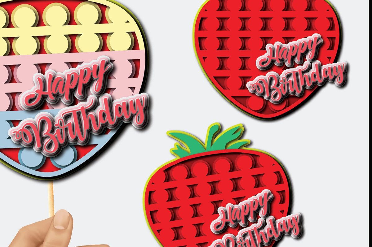 Σετ των 2 Intra απο ξύλο plywood 3mm-4mm πάχος – Strawberry Pop It 3D Cake Topper Δίασταση  20x20 cm INTRAFABR-36123605