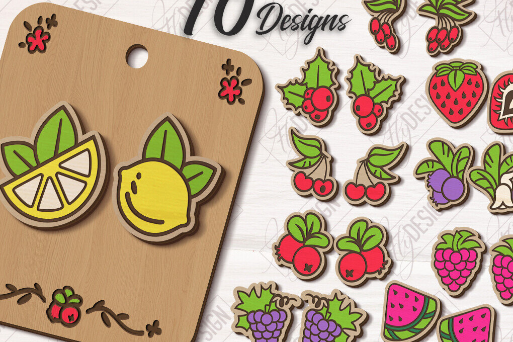 Σετ των 3 Intra απο ξύλο plywood 3mm-4mm πάχος – Σκουλαρίκια με καρφιά Berries Δέσμη κοπής με λέιζερ Δίασταση  5x5 cm INTRAFABR-121432331