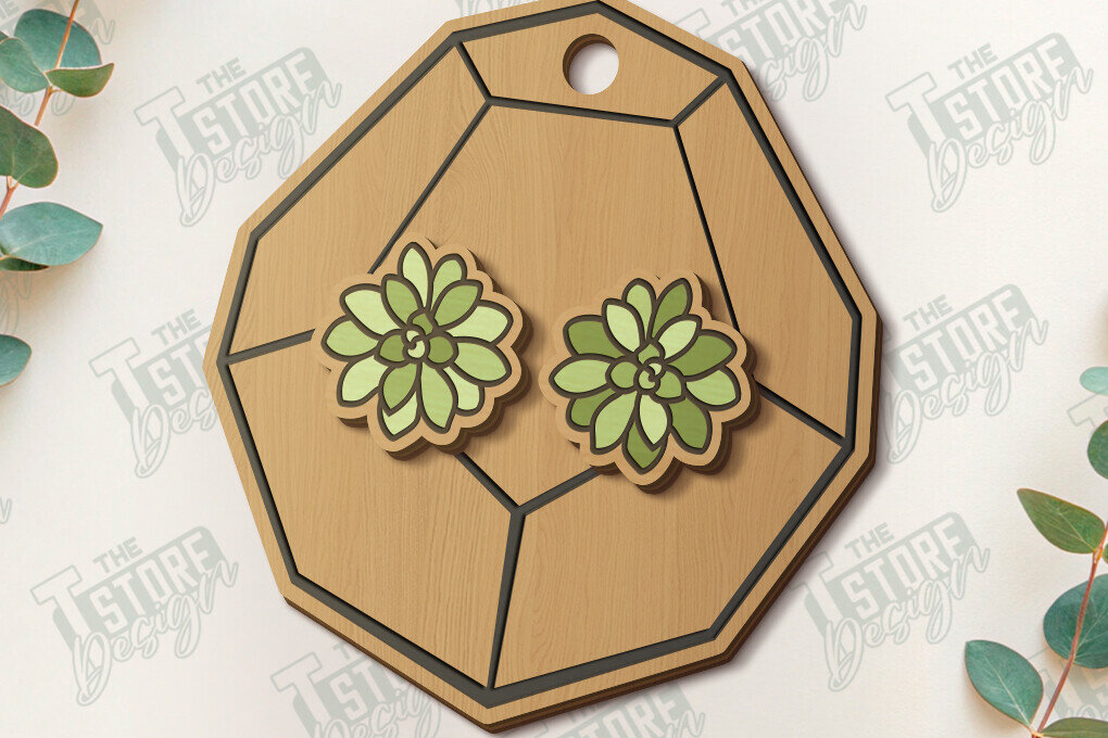 Σετ των 2 Intra απο ξύλο plywood 3mm-4mm πάχος – Succulent Stud Earrings| CNC Δίασταση  5x5 cm INTRAFABR-120347339