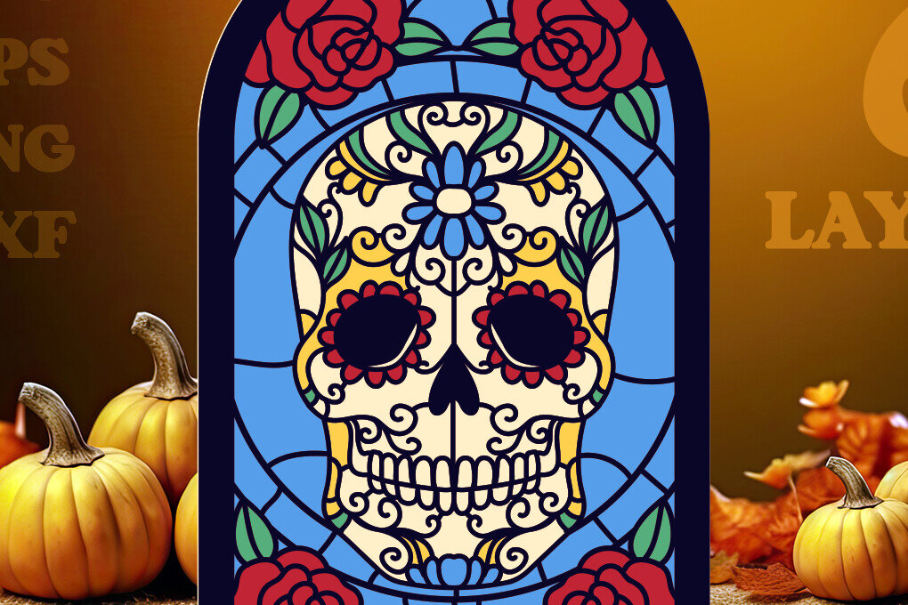 Σετ των 2 Intra απο ξύλο plywood 3mm-4mm πάχος – Sugar Skull Roses Glass Papercut 6 S Δίασταση  20x20 cm INTRAFABR-81693422