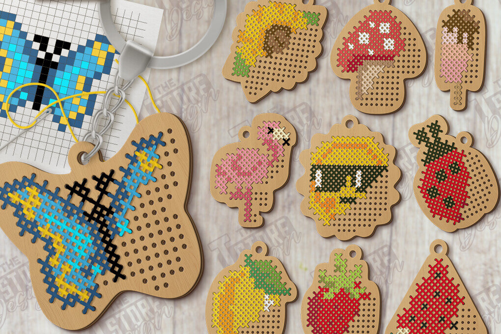 Σετ των 3 Intra απο ξύλο plywood 3mm-4mm πάχος – Μπρελόκ Καλοκαιρινή Σταυροβελονιά Κοπή Laser Δίασταση  5x5 cm INTRAFABR-123770172