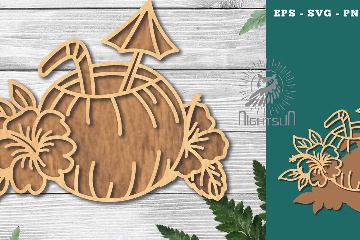 Σετ των 2 Intra απο ξύλο plywood 3mm-4mm πάχος – Θερινό ποτό με λέιζερ διακόσμηση 3 Δίασταση  20x20 cm INTRAFABR-121107659