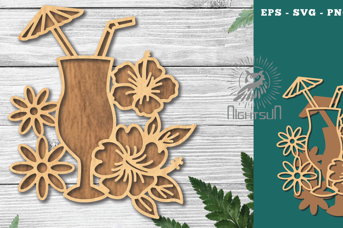 Σετ των 2 Intra απο ξύλο plywood 3mm-4mm πάχος – Διακόσμηση με λέιζερ για καλοκαιρινό ποτό 6 Δίασταση  20x20 cm INTRAFABR-121107791