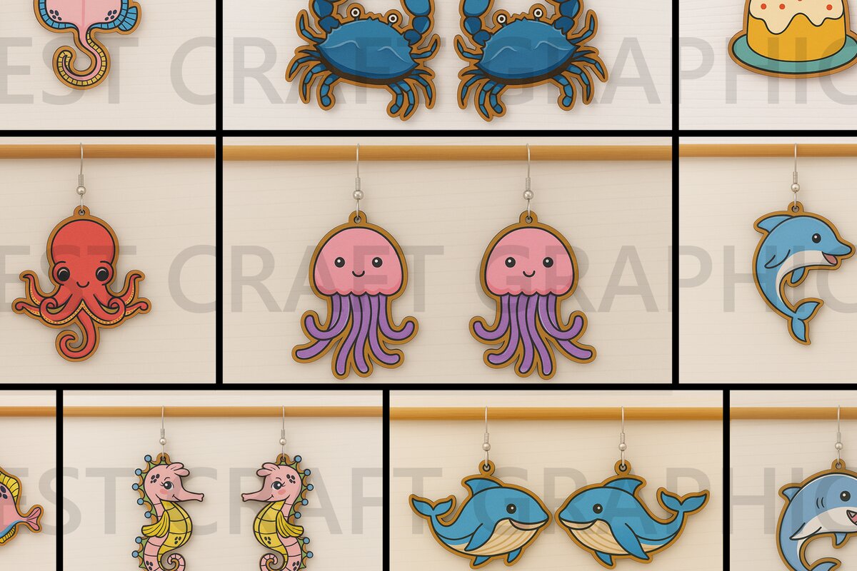 Σετ των 3 Intra απο ξύλο plywood 3mm-4mm πάχος – Καλοκαιρινά σκουλαρίκια Cute Ocean Bundle Δίασταση  5x5 cm INTRAFABR-123128061