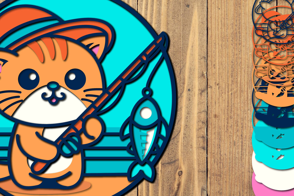 Σετ των 2 Intra απο ξύλο plywood 3mm-4mm πάχος – Summer Fishing Cat – 3D Layered Pape Δίασταση  20x20 cm INTRAFABR-123562544