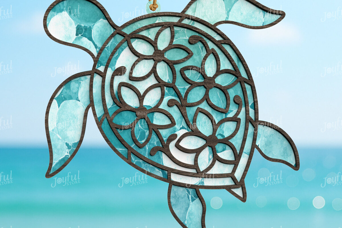 Σετ των 2 Intra απο ξύλο plywood 3mm-4mm πάχος – Summer Floral Turtle Suncatcher Δίασταση  20x20 cm INTRAFABR-123025323
