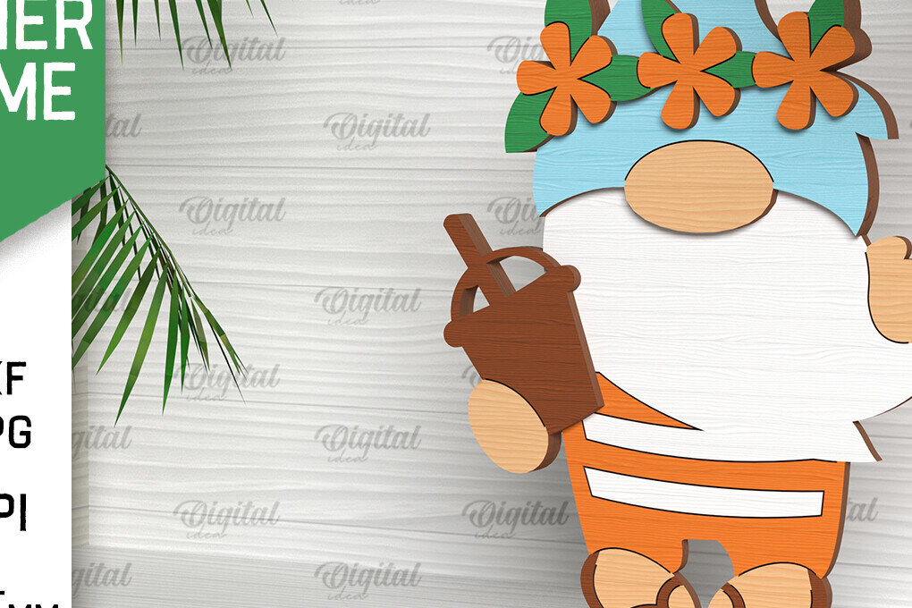 Σετ των 2 Intra απο ξύλο plywood 3mm-4mm πάχος – Καλοκαιρινό Gnome. 3D Layered Gnome Laser Δίασταση  20x20 cm INTRAFABR-96585705